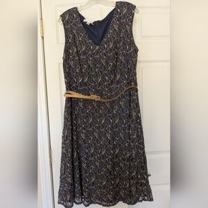 London Times Navy and Tan Lace Midi Dress